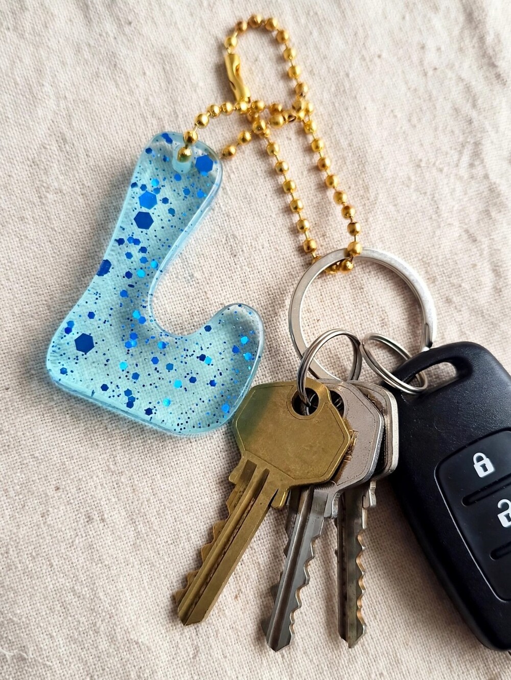 Letter L Initial Keychain Blue Glitter Resin Alphabet Bag Charm Monogram